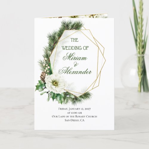 Winter Rose Pine Holly Christmas Wedding Program