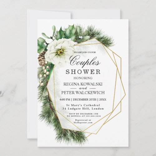 Winter Rose Pine Holly Couples Shower Invitation