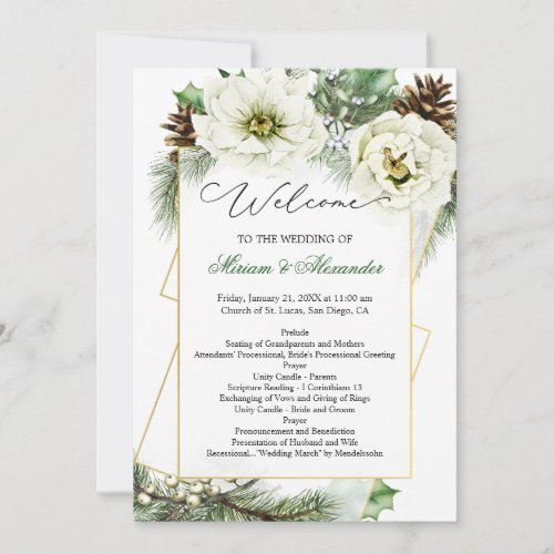 Winter Rose Pine Holly Wedding Program Invitation