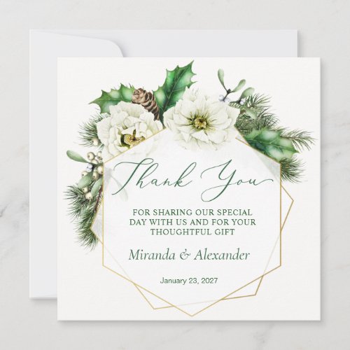 Winter Rose Pine Holly Wedding Thank You Card