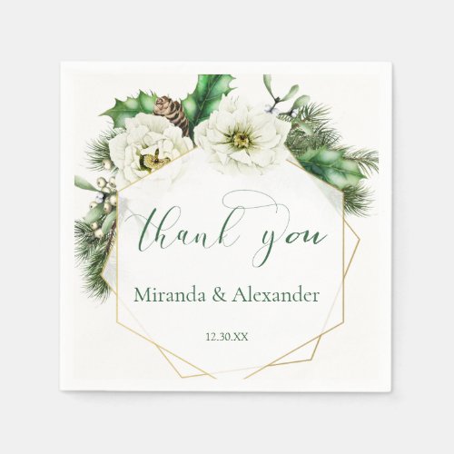 Winter Rose Pine Holly Wedding Thank You Napkins