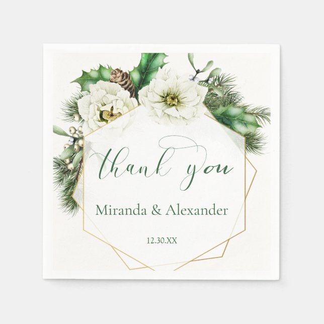 Winter Rose Pine Holly Wedding Thank You Napkins (Front)