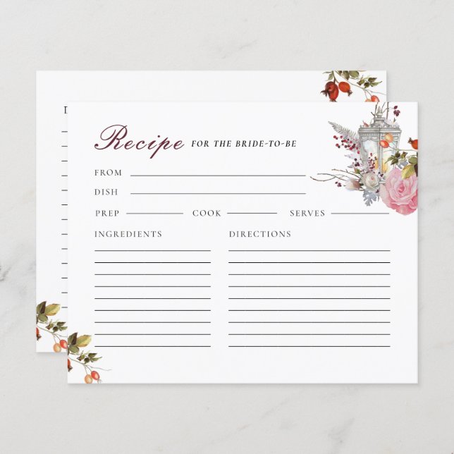 Winter Roses & Lantern Bridal Shower Recipe Card (Front/Back)