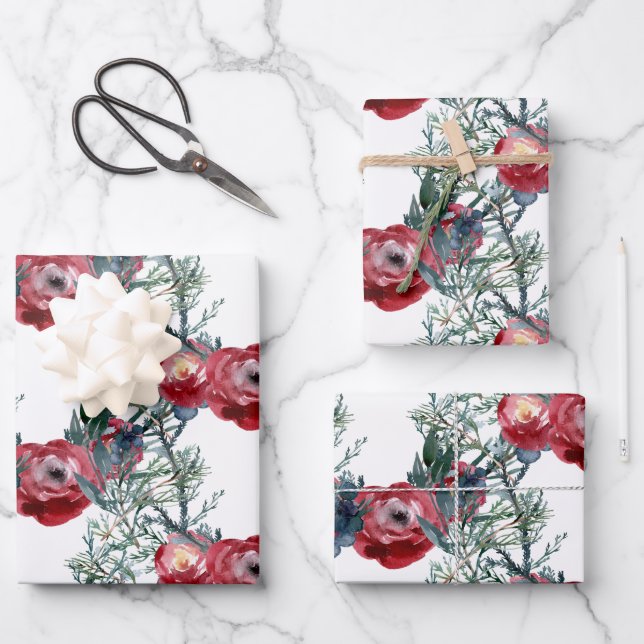 Winter Roses Pine & Spruce Tree Greenery Trellis Wrapping Paper Sheets (Front)