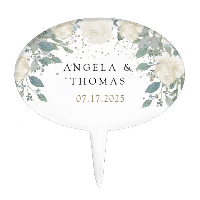Winter Roses White Gold Floral Wedding Cake Topper (Front)