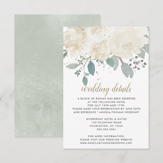 Winter Roses White Gold Floral Wedding Enclosure Card (Front/Back)
