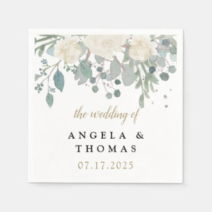 Winter Roses White Gold Floral Wedding Napkins