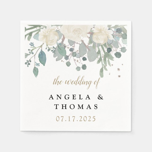 Winter Roses White Gold Floral Wedding Napkins (Front)