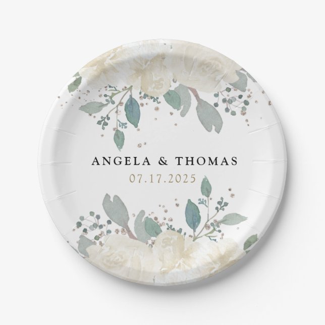 Winter Roses White Gold Floral Wedding Paper Plates (Front)