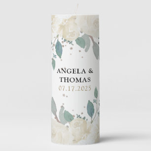Winter Roses White Gold Floral Wedding Pillar Candle
