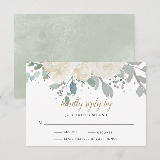 Winter Roses White Gold Floral Wedding RSVP Card (Front/Back)