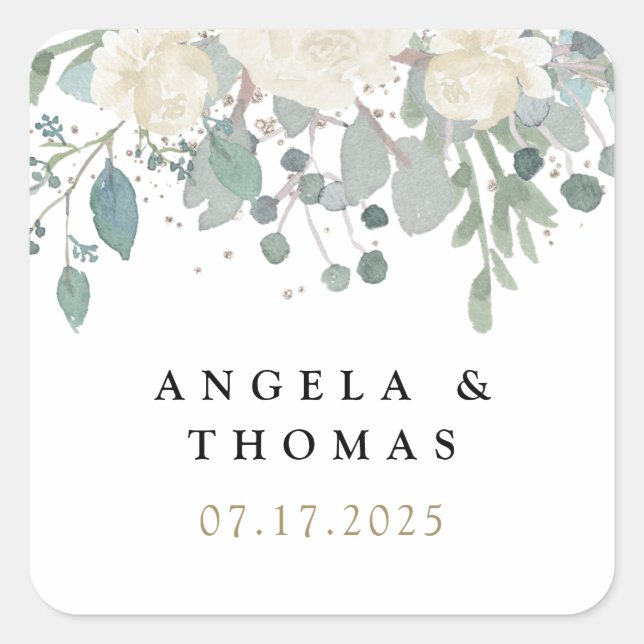 Winter Roses White Gold Floral Wedding  Square Sticker (Front)