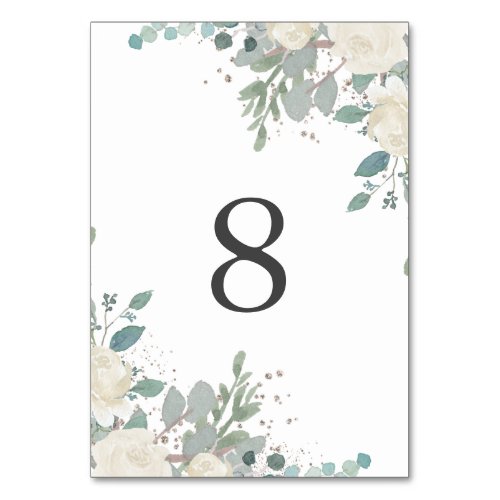 Winter Roses White Gold Floral Wedding Table Number