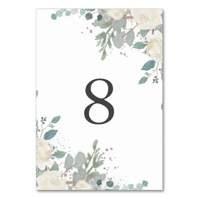 Winter Roses White Gold Floral Wedding Table Number (Front)
