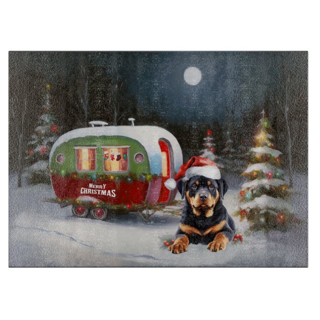 Winter Rottweiler Caravan Christmas Adventure Cutting Board (Front)