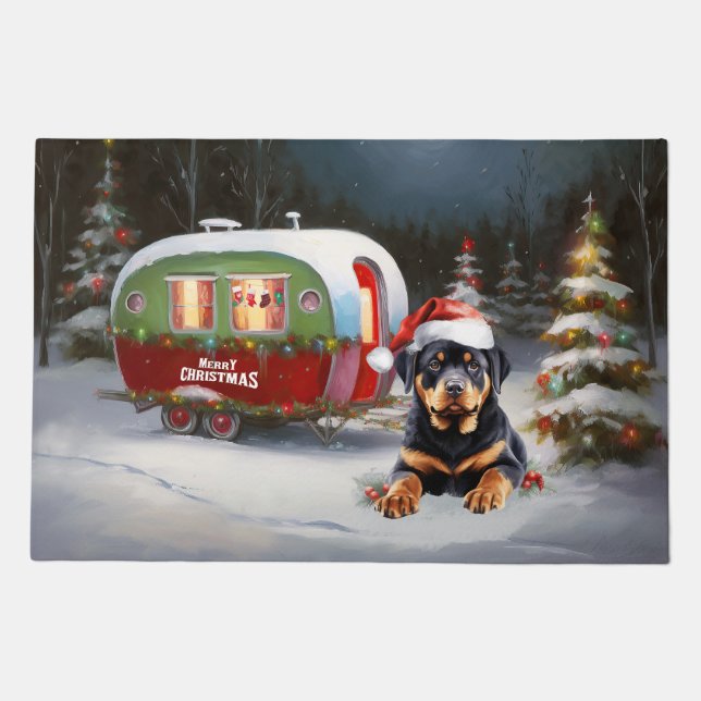 Winter Rottweiler Caravan Christmas Adventure Doormat (Front)