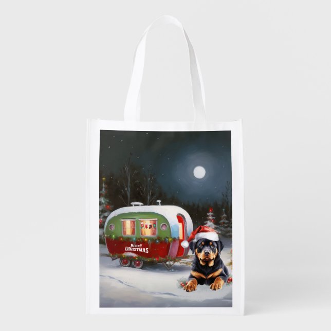 Winter Rottweiler Caravan Christmas Adventure Grocery Bag (Front)