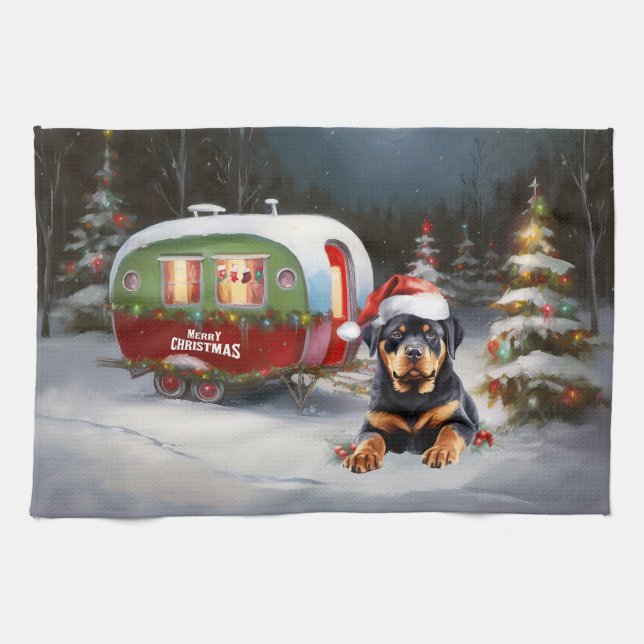 Winter Rottweiler Caravan Christmas Adventure Kitchen Towel (Horizontal)
