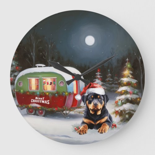 Winter Rottweiler Caravan Christmas Adventure Large Clock