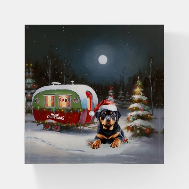 Winter Rottweiler Caravan Christmas Adventure Paperweight (Front)