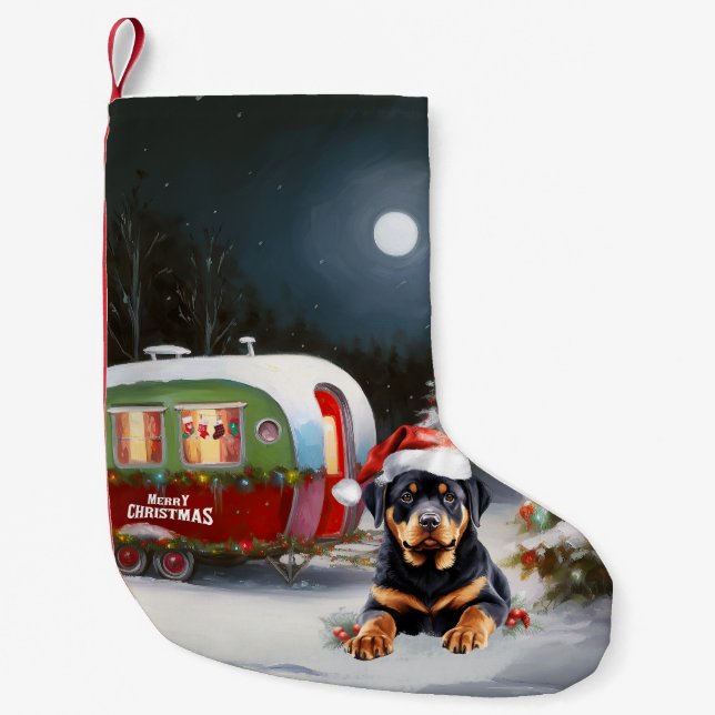 Winter Rottweiler Caravan Christmas Adventure Small Christmas Stocking (Front)