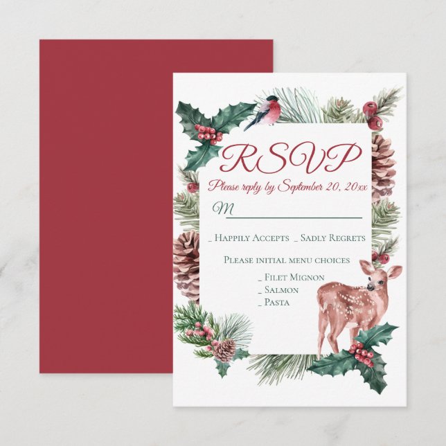 Winter RSVP Deer Floral Christmas Red Wedding Invitation (Front/Back)