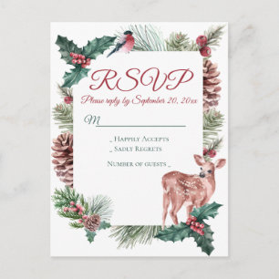 Winter RSVP Deer Floral Christmas Red Wedding Invitation Postcard