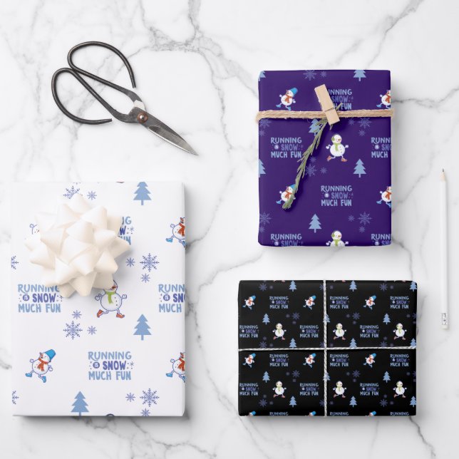 Winter Running - Snowman Christmas Tree Wrapping Paper Sheets (Front)