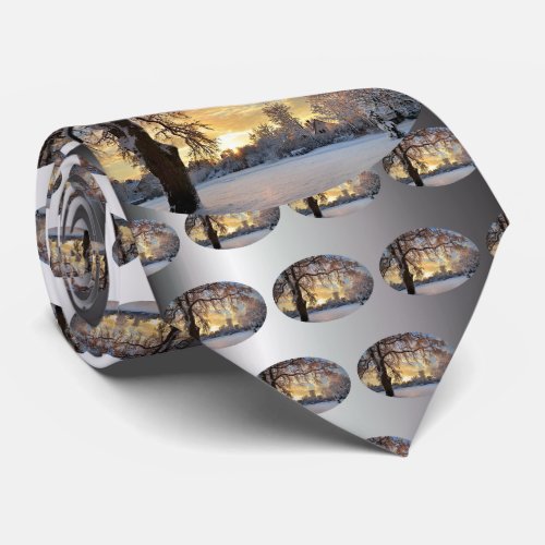 Winter Rural Landscape at Sunset Neck Tie