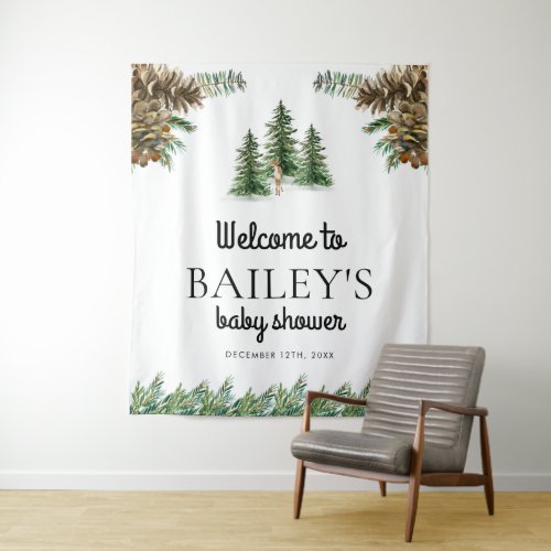 Winter Rustic Baby Shower Welcome Sign Tapestry