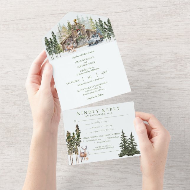 Winter Rustic Barn in Woods All in One Wedding Inv Invitation (Tearaway)