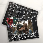 Winter rustic barn wood photo save date wedding announcement postcard<br><div class="desc">Burgundy red wine and white peony roses bouquet with hunter green foliage and strings of white twinkle lights on dark brown barn wood making a chic photo save the date wedding postcard. Easy to personalize with your image, names and text! Suitable for floral winter rustic country, farmhouse, mountains, wonderland or...</div>