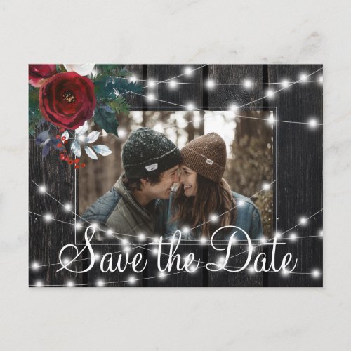 Winter rustic barn wood photo save date wedding announcement postcard