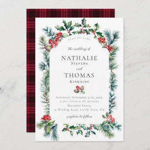 Winter Rustic Botanical Berry Pine Plaid Wedding Invitation
