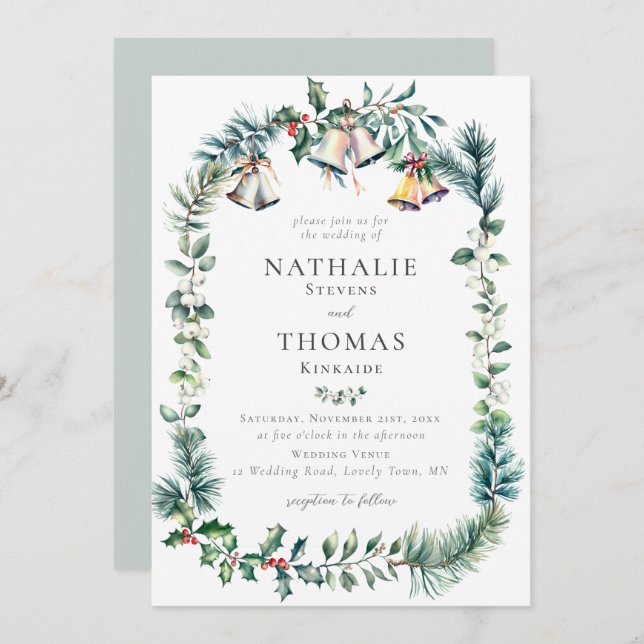 Winter Rustic Botanical Wreath Bells Pine Wedding Invitation (Front/Back)