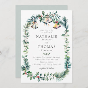 Winter Rustic Botanical Wreath Bells Pine Wedding Invitation