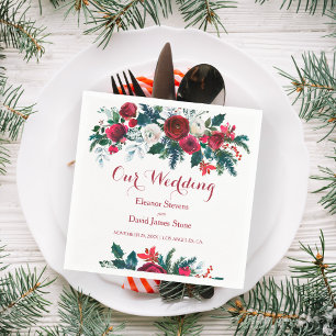 Winter rustic burgundy pine green floral wedding napkins