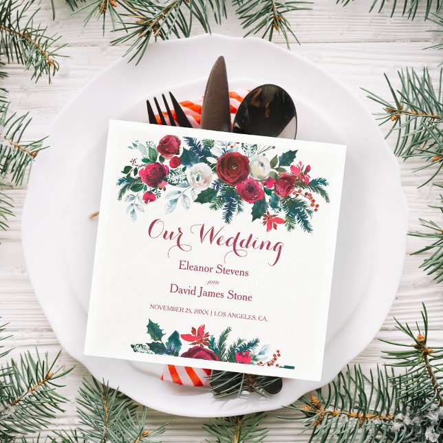 Winter rustic burgundy pine green floral wedding napkins (Creator Uploaded)