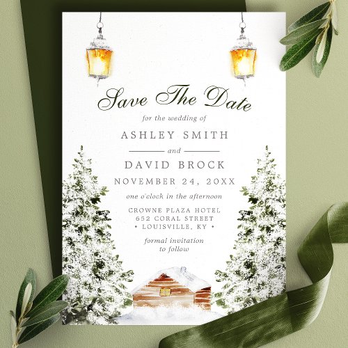 Winter Rustic Cabin Snow Pine Save The Date Card