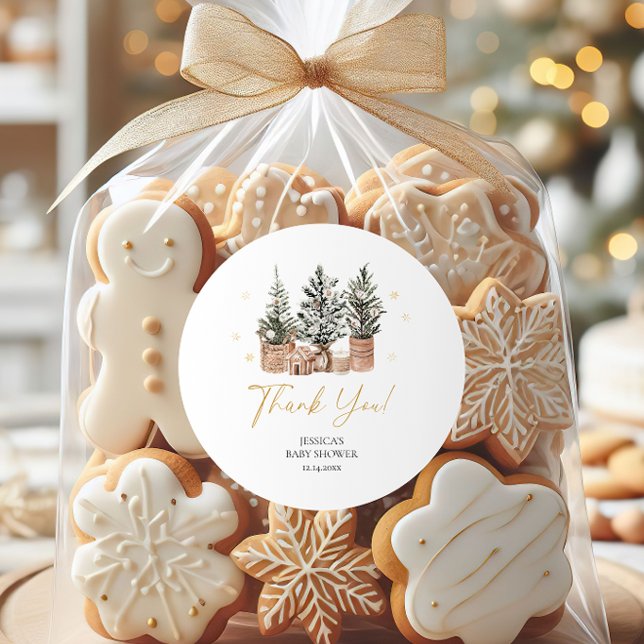 Winter Rustic Christmas Trees Baby Shower Classic Round Sticker (Creator Uploaded)