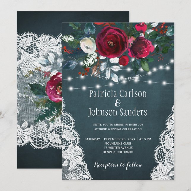 Winter rustic elegant floral Christmas wedding Invitation (Front/Back)
