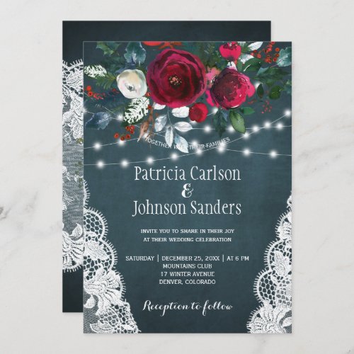 Winter rustic elegant floral Christmas wedding Invitation