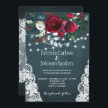 Winter rustic elegant floral Christmas wedding Invitation<br><div class="desc">Rustic winter seasonal wedding invitation template on a dark navy blue chalkboard featuring a beautiful rdark red burgundy and white peony roses bouquet with hunter pine green foliage, strings of white twinkle lights, lace corners, and a chic typography script. Easy to personalize with your details! The invitation is suitable for...</div>