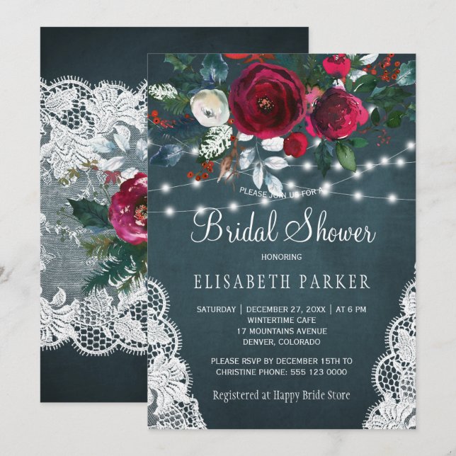 Winter rustic elegant peonies bridal shower invitation (Front/Back)