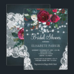 Winter rustic elegant peonies bridal shower invitation<br><div class="desc">Rustic winter seasonal bridal shower party stylish invitation template on a dark midnight blue chalkboard featuring a beautiful red wine burgundy and white peony roses bouquet with hunter pine green foliage, strings of white twinkle lights, lace corners, and a chic calligraphy script. Easy to personalize with your details! The invitation...</div>