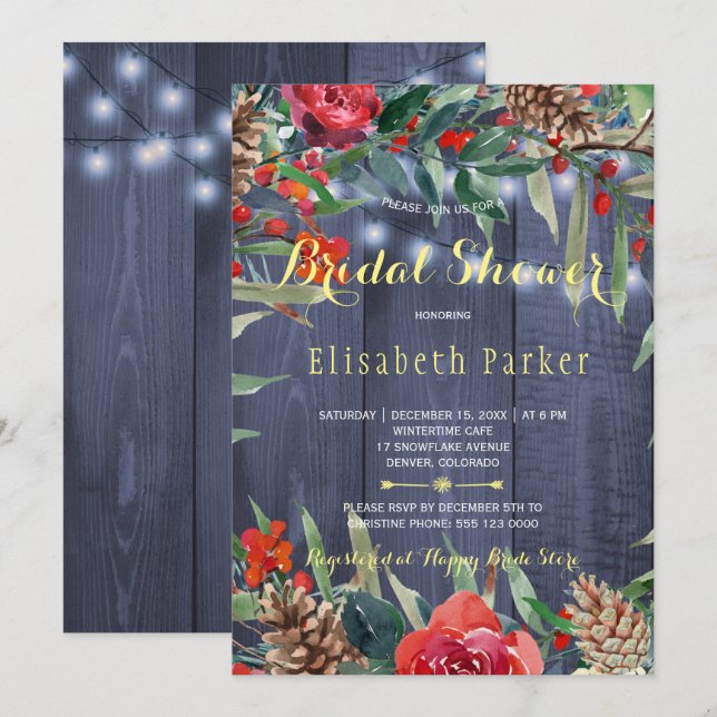 Winter Rustic Floral Bridal Shower | Navy Wood Invitation (Front/Back)