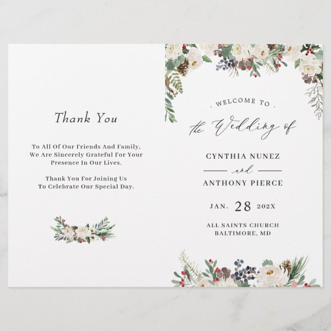 Winter Rustic Floral DIY Folded Wedding Program (Front)