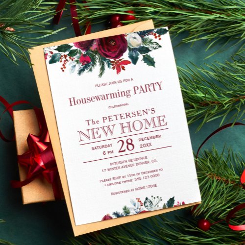 Winter rustic floral housewarming Christmas party Invitation