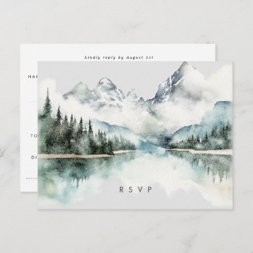 winter rustic forest lake wedding rsvp postcard