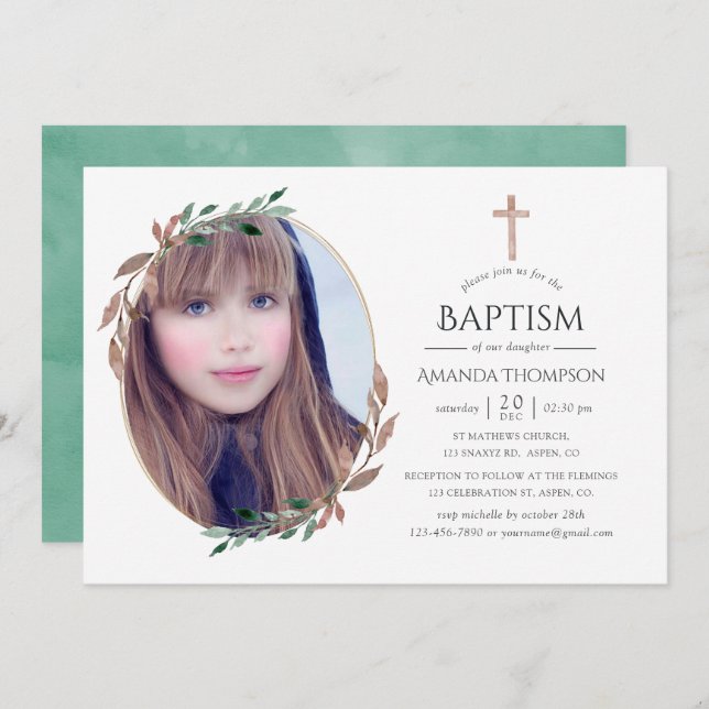 Winter Rustic Greenery Baptism or Christening Invitation (Front/Back)